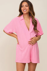 Pink Terry Cloth Collared Maternity Romper