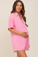 Pink Terry Cloth Collared Maternity Romper