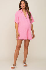 Pink Terry Cloth Collared Maternity Romper