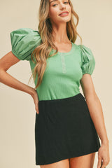 Green Ribbed Knit Contrast Puff Sleeve Top