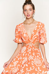 Orange Printed Midi Dress