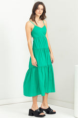 Green Tie-Back Tiered Midi Dress