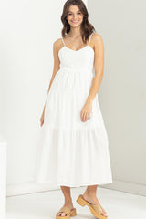 Off White Tie-Back Tiered Midi Dress