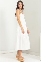 Off White Tie-Back Tiered Midi Dress