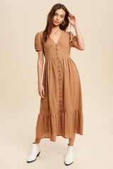 Mocha Button Front Eyelet Midi Dress