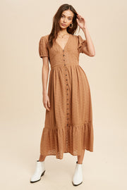 Mocha Button Front Eyelet Midi Dress