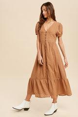 Mocha Button Front Eyelet Midi Dress