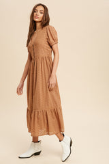 Mocha Button Front Eyelet Midi Dress