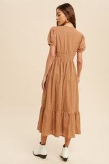 Mocha Button Front Eyelet Midi Dress