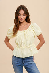 Yellow Pin Tuck Peplum Peasant Blouse