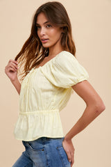 Yellow Pin Tuck Peplum Peasant Blouse