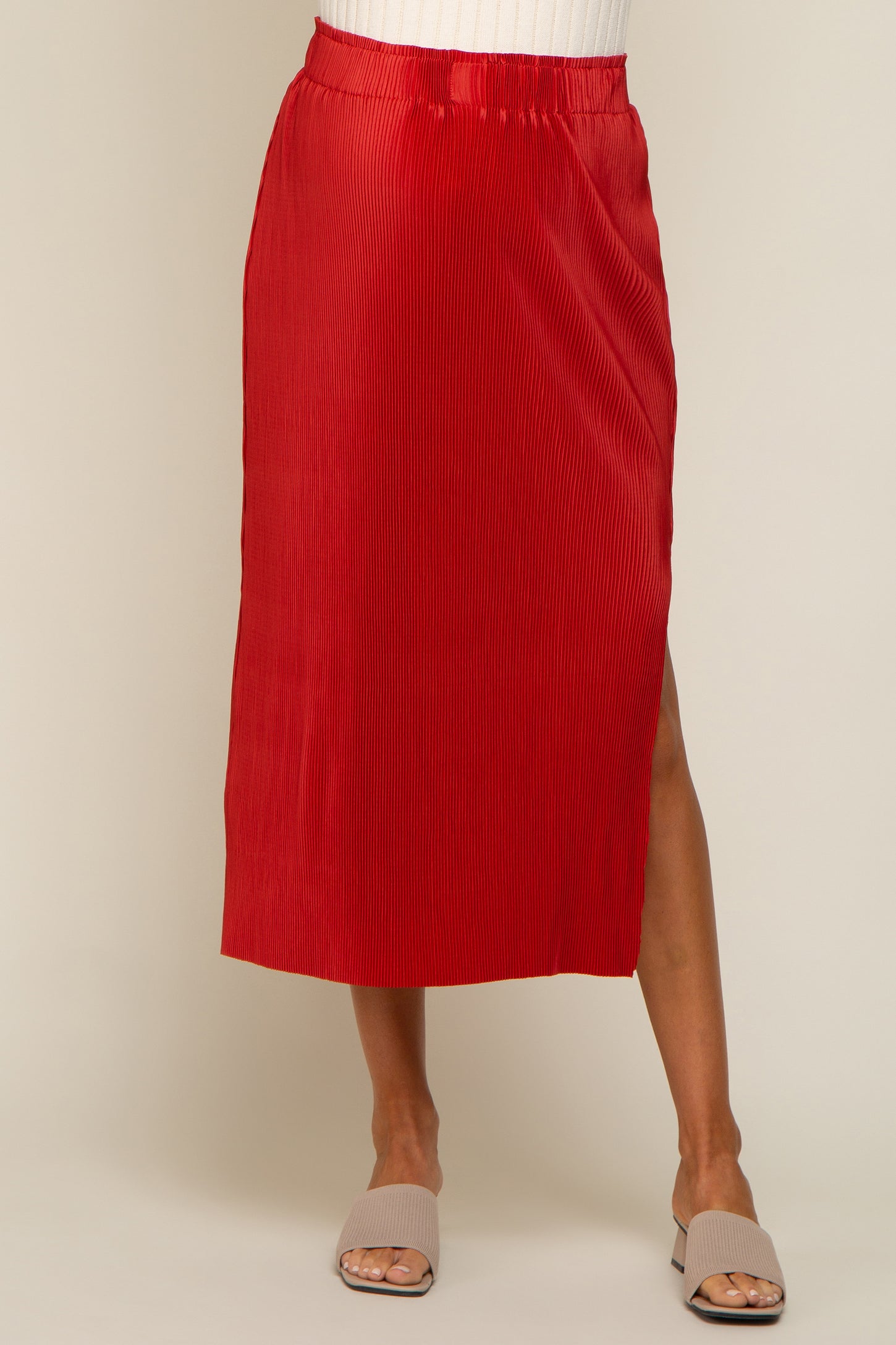 Rust Red Pleated Side Slit Maternity Midi Skirt