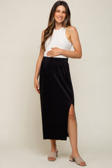 Black Pleated Side Slit Maternity Midi Skirt