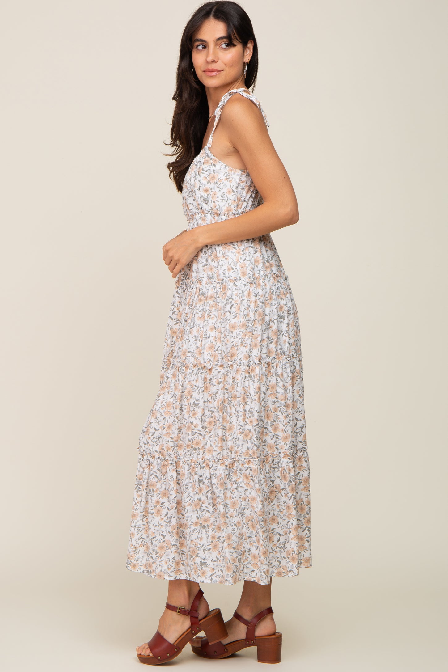 Ivory Floral Ruffle Tiered Midi Dress