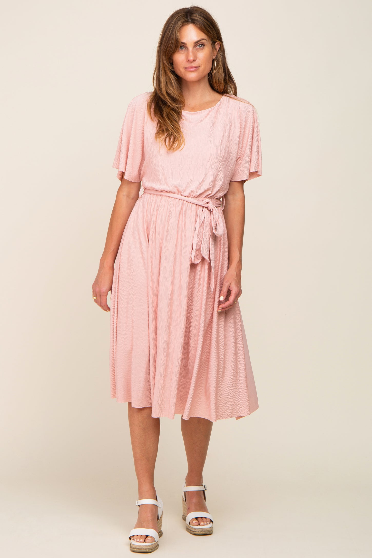 Pink Crinkle Knit Tie Waist Short Sleeve Dress