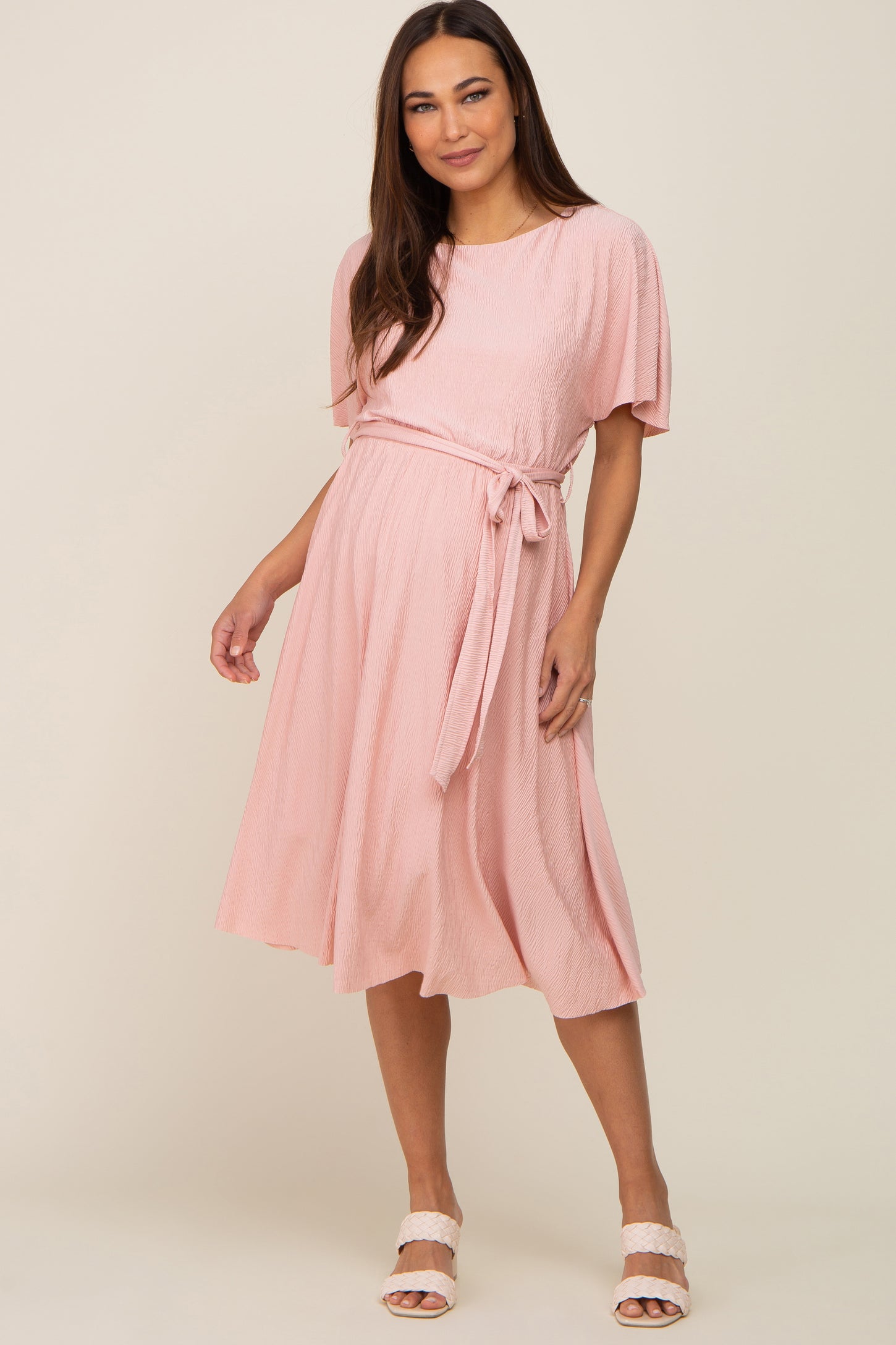 Pink Crinkle Knit Tie Waist Short Sleeve Maternity Dress
