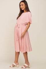 Pink Crinkle Knit Tie Waist Short Sleeve Maternity Dress