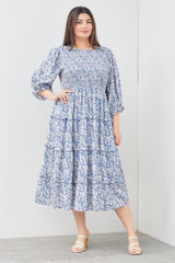 Blue Floral Smocked Ruffle Tiered Maternity Plus Midi Dress