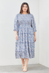 Blue Floral Smocked Ruffle Tiered Plus Midi Dress