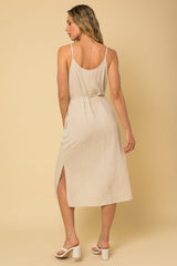 Beige Sleeveless Side Pocket Linen Midi Dress