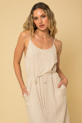 Beige Sleeveless Side Pocket Linen Midi Dress