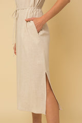 Beige Sleeveless Side Pocket Linen Midi Dress