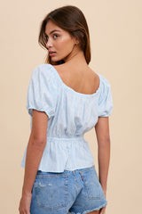 Blue Pin Tuck Peplum Peasant Blouse