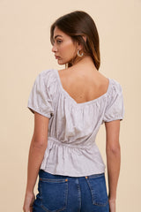 Grey Washed Pin Tuck Peplum Peasant Blouse