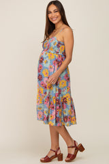 Blue Floral Smocked Maternity Midi Dress