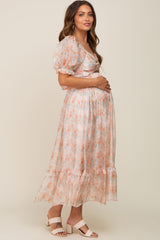 Orange Floral Shimmer Sweetheart Neck Front Cutout Maternity Midi Dress