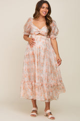 Orange Floral Shimmer Sweetheart Neck Front Cutout Maternity Midi Dress