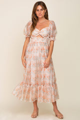 Orange Floral Shimmer Sweetheart Neck Front Cutout Midi Dress