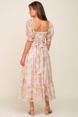 Orange Floral Shimmer Sweetheart Neck Front Cutout Midi Dress