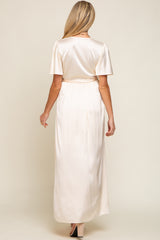 Beige Satin Wrap Maternity/Nursing Dress