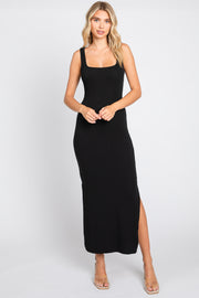 Black Ribbed Cutout Knot Back Side Slit Midi Dress