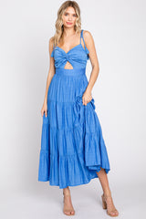 Royal Blue Front Knot Twist Cutout Tassel Tie Midi Dress