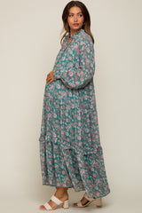 Jade Floral Chiffon Ruffle Trim Button Front Long Sleeve Maternity Midi Dress