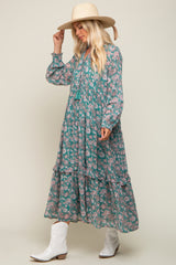 Jade Floral Chiffon Ruffle Trim Button Front Long Sleeve Midi Dress