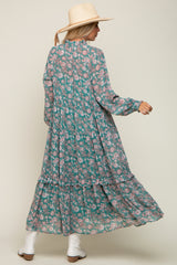 Jade Floral Chiffon Ruffle Trim Button Front Long Sleeve Midi Dress