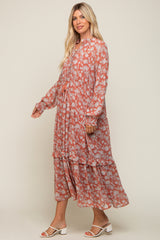 Rust Floral Chiffon Ruffle Trim Button Front Long Sleeve Midi Dress