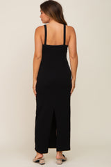 Black Sleeveless Ribbed Maternity Maxi Dress