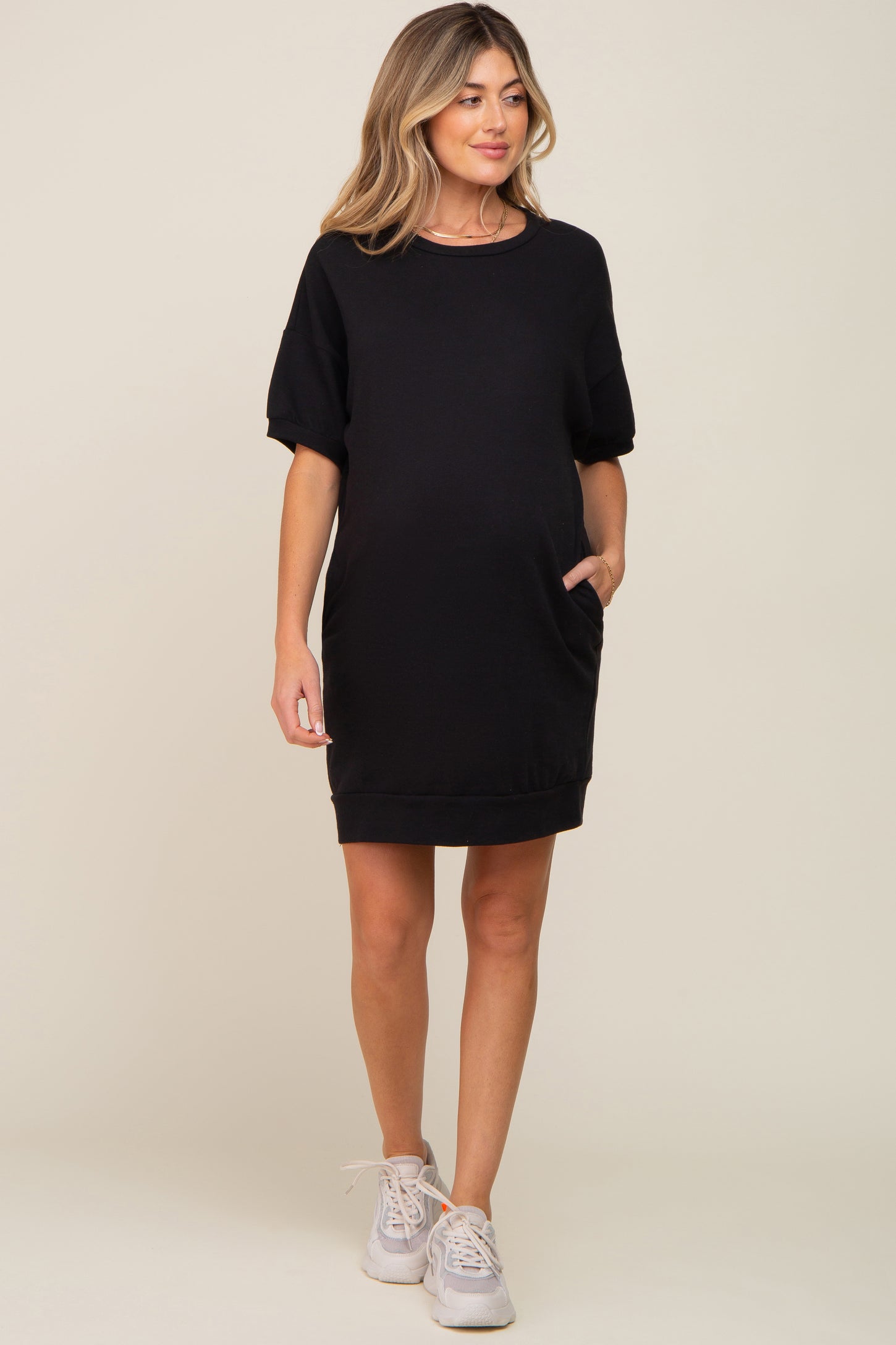 Black Short Sleeve Oversized Maternity T-Shirt Dress