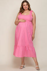 Pink Ruffle Strap Back Tie Maternity Plus Midi Dress