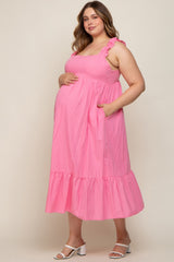 Pink Ruffle Strap Back Tie Maternity Plus Midi Dress