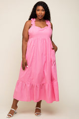 Pink Ruffle Strap Back Tie Plus Midi Dress