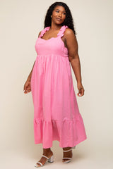 Pink Ruffle Strap Back Tie Plus Midi Dress