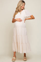 Cream Tiered Short Sleeve Maternity Midi Dress