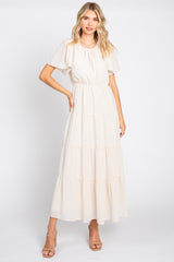 Cream Tiered Short Sleeve Midi Dress