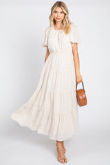 Cream Tiered Short Sleeve Midi Dress