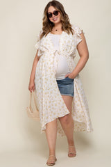 Cream Floral Crochet Front Tie Maternity Plus Coverup